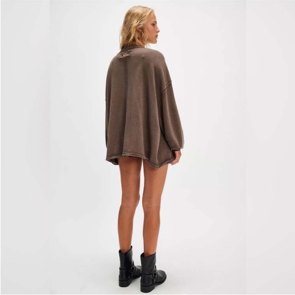 NWT Free People Free Venice V-Neck Sweatshirt In Brown Bear Size Large - Picture 2 of 5